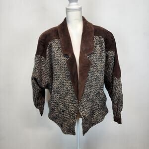 Vintage Winlit Tweed Leather Coat Size L Brown Wool Double Breast 70s Maude